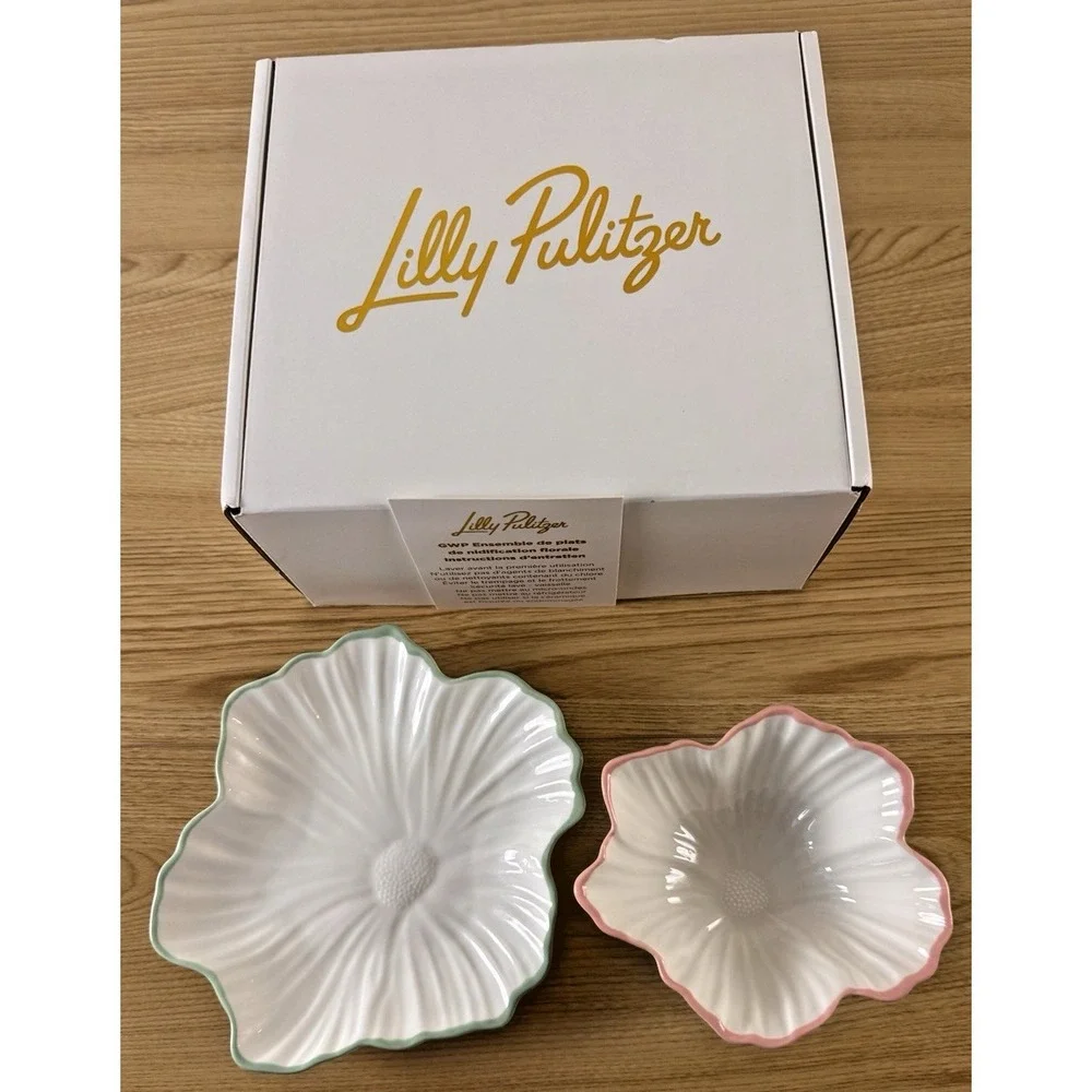 Lilly Pulitzer Floral Nesting Dish Set Pink Green Ceramic 2 Piece New in Box